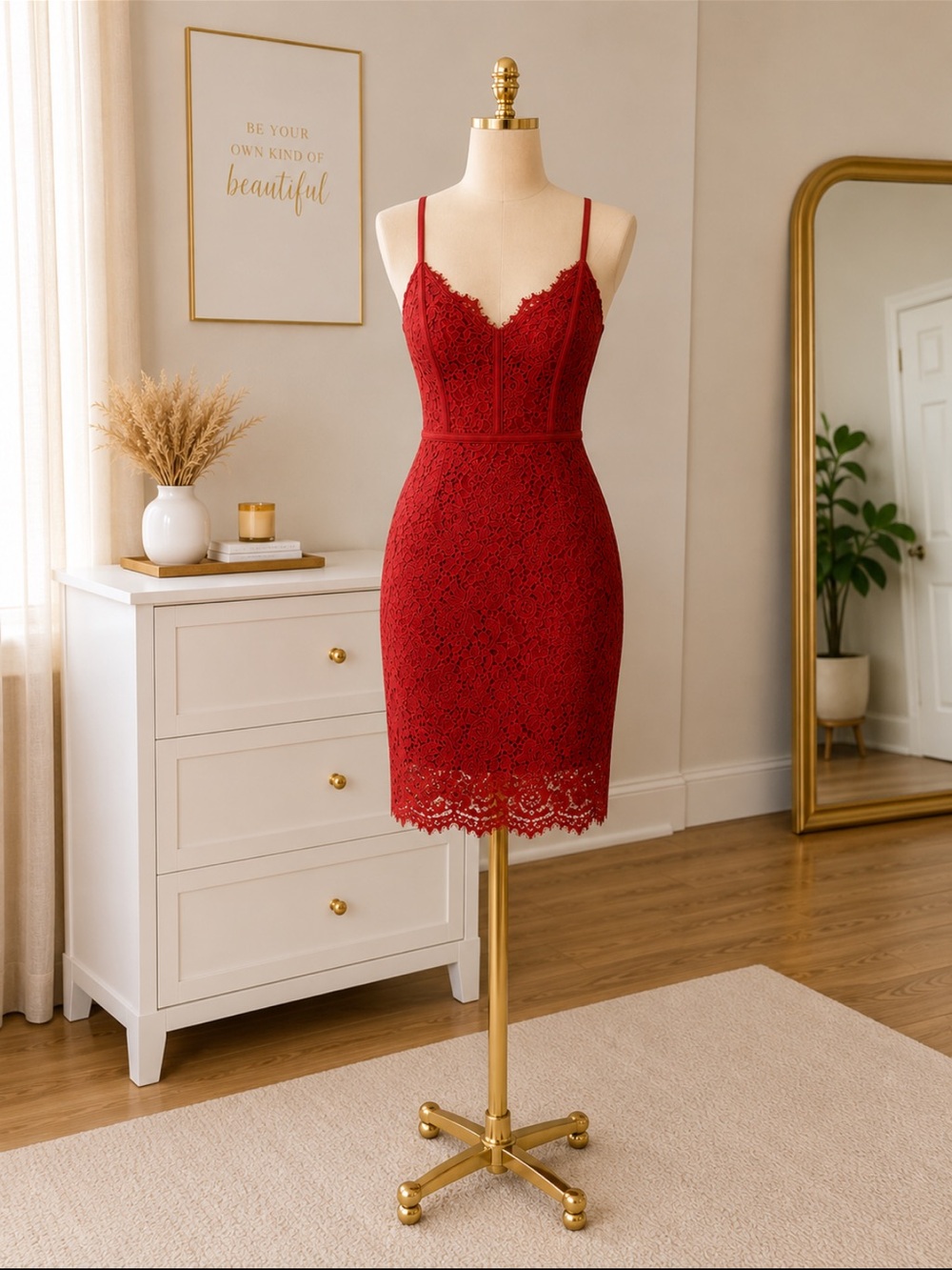 Burgundy Floral Lace Bodycon Dress Above Knee